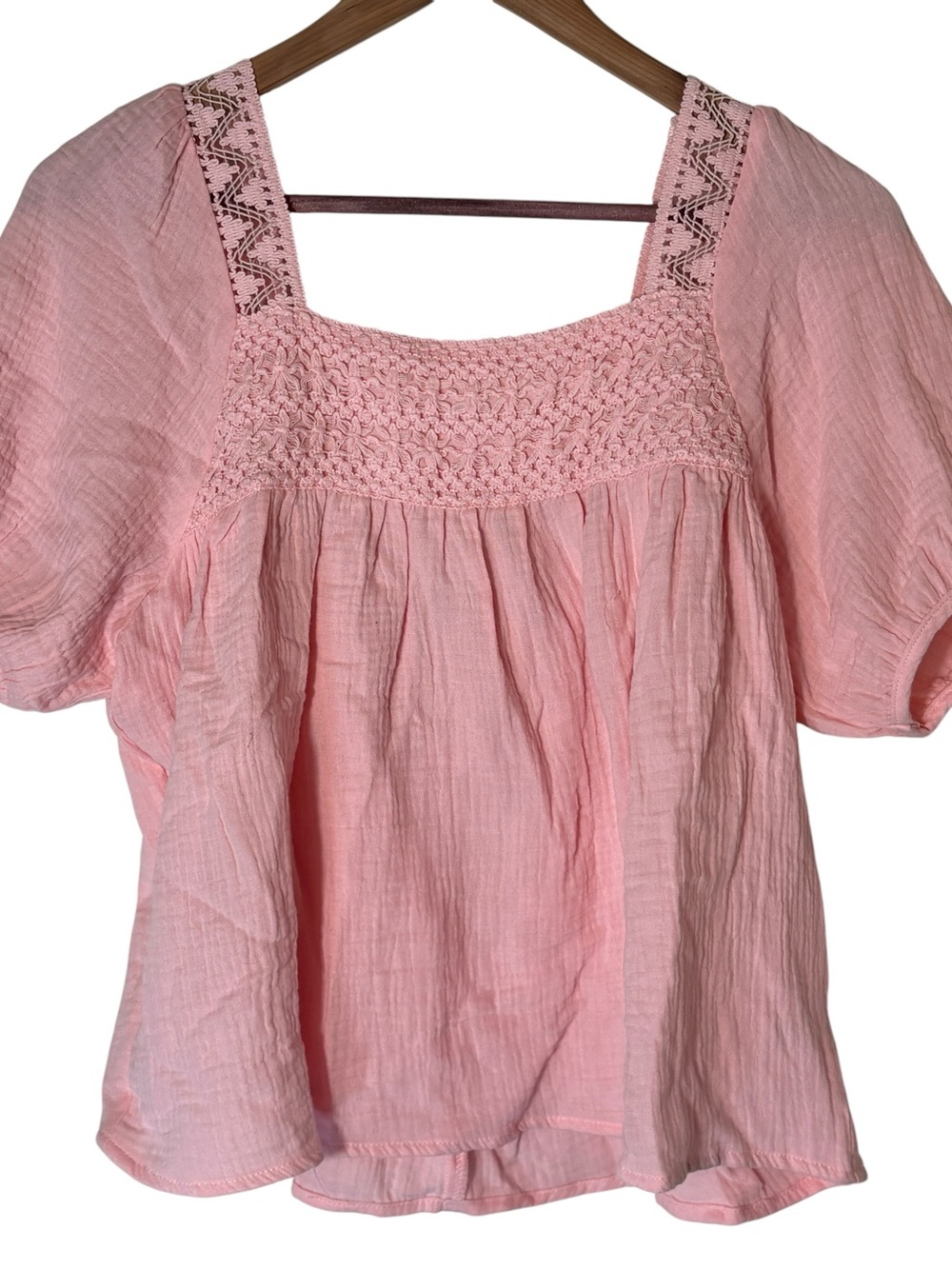 HYFVE Pink Gauze Blouse Lace Trim Puff Sleeve Cottagecore Top Medium - Picture 4 of 6